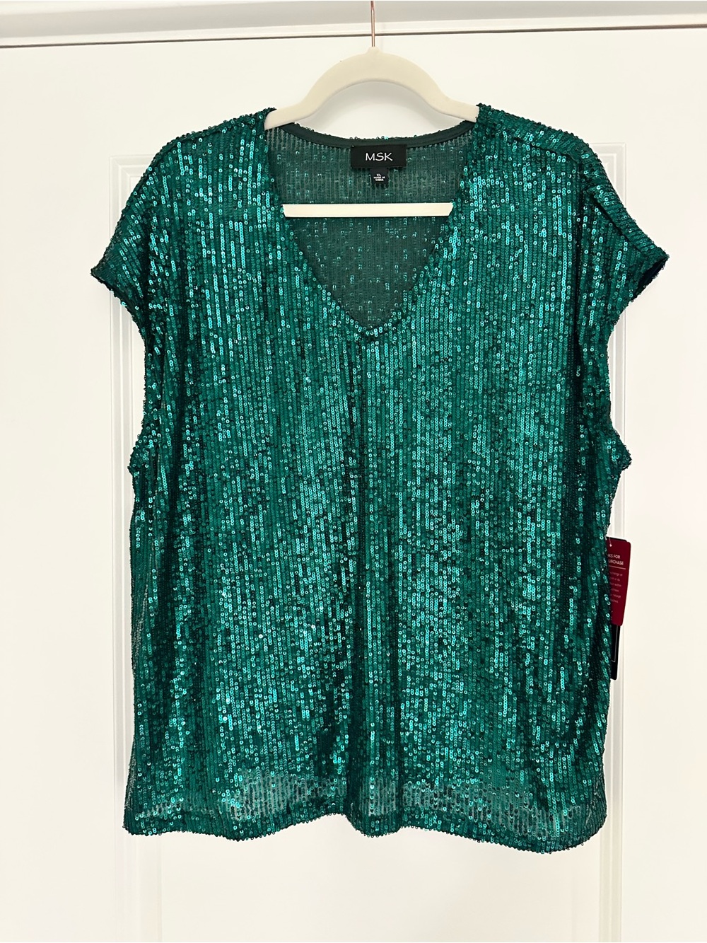 MSK Women's Emerald Green Sequin Sparkly V-Neck Top NEW! Size XL